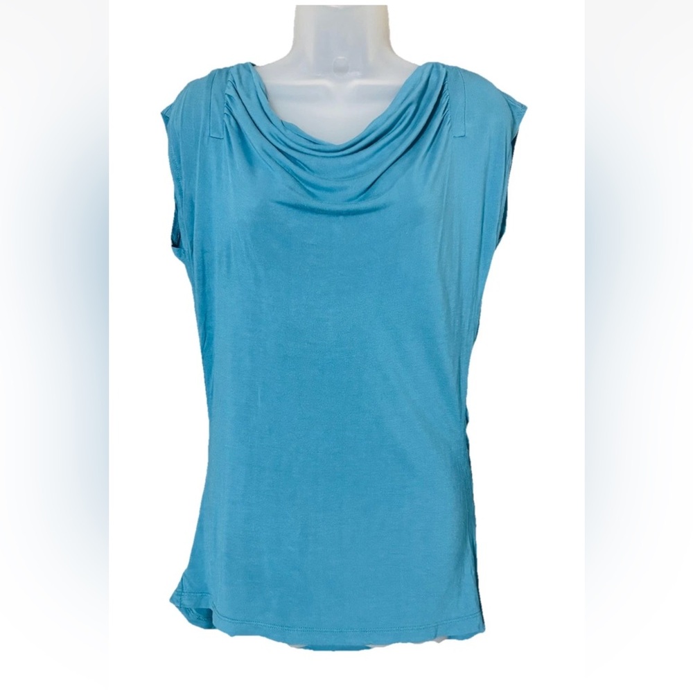 Kenar Women's Size M Drape Neck Viscose Top Short Cap Sleeve X Design Back Teal